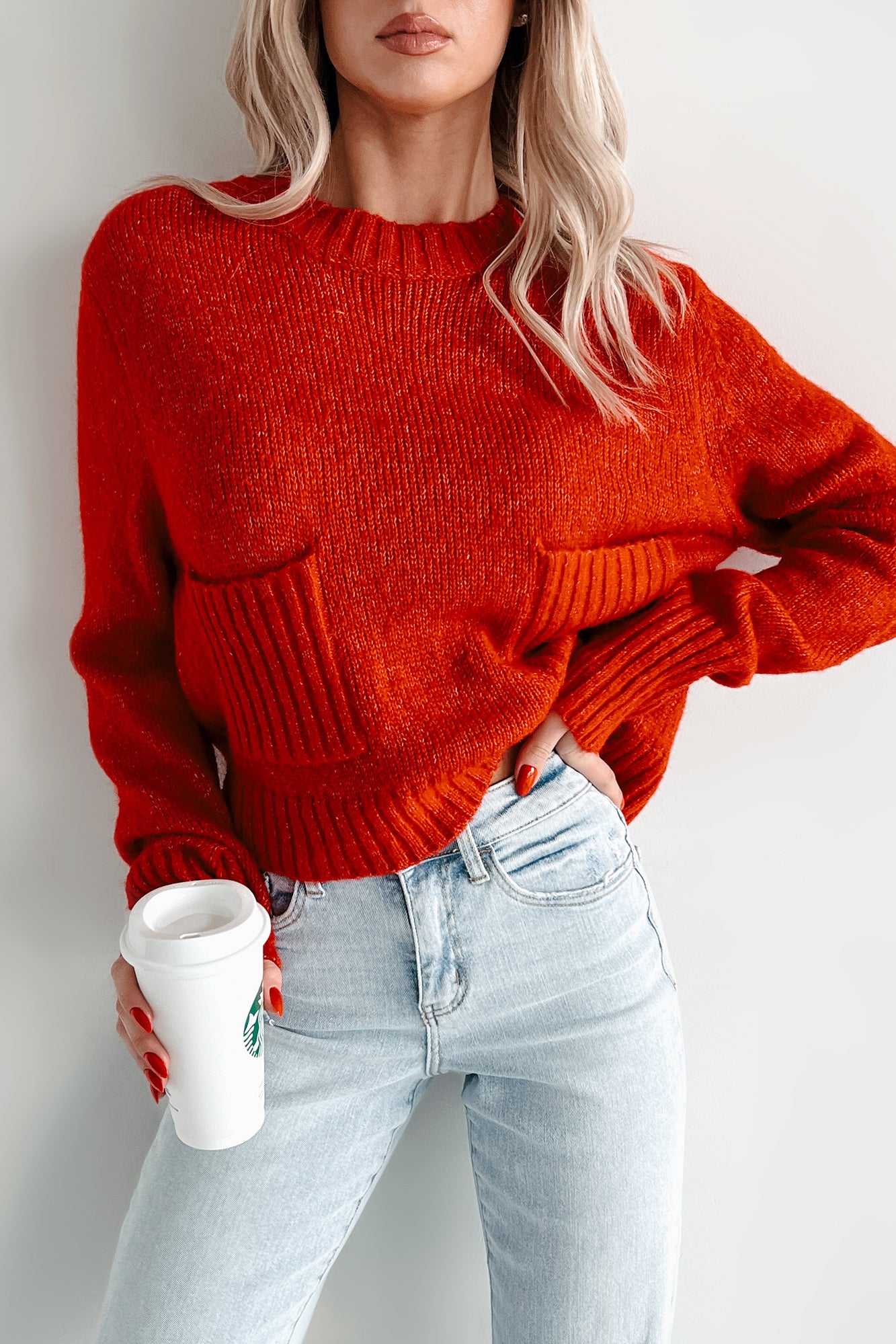 Learning My Worth Pocket Detailed Sweater (Red) - NanaMacs