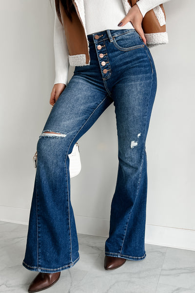 Valina High Rise Tummy Control Buttoned Flare Risen Jeans (Dark) - NanaMacs