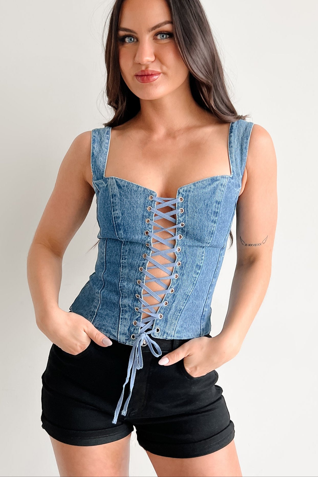 Live Authentically Lace Up Denim Top (Medium) - NanaMacs