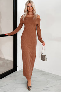 Tanya Off The Shoulder Sweater Maxi Dress (Brown) - NanaMacs