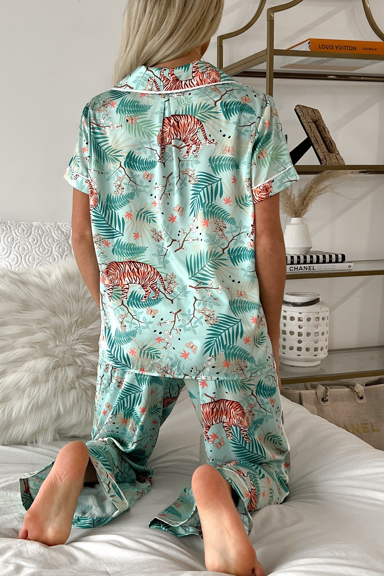 Sleeping Tiger Satin Pajama Set (Mint) - NanaMacs