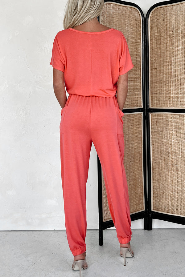 Taking The Easy Route Short Sleeve Button Detail Jumpsuit (Coral) - NanaMacs