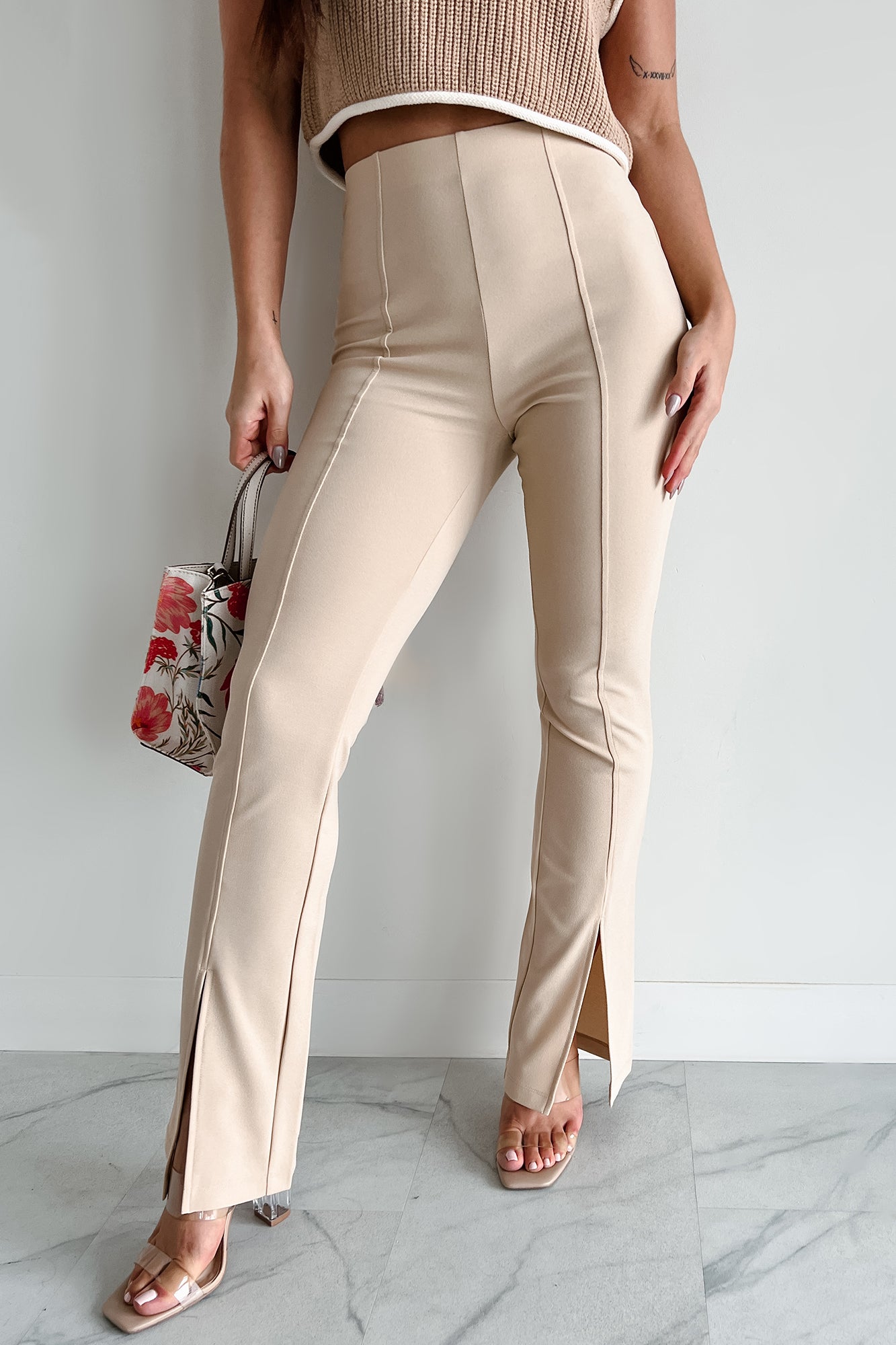 Pure Class Pintuck Hem Slit Pants (Sand) - NanaMacs