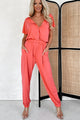 Taking The Easy Route Short Sleeve Button Detail Jumpsuit (Coral) - NanaMacs