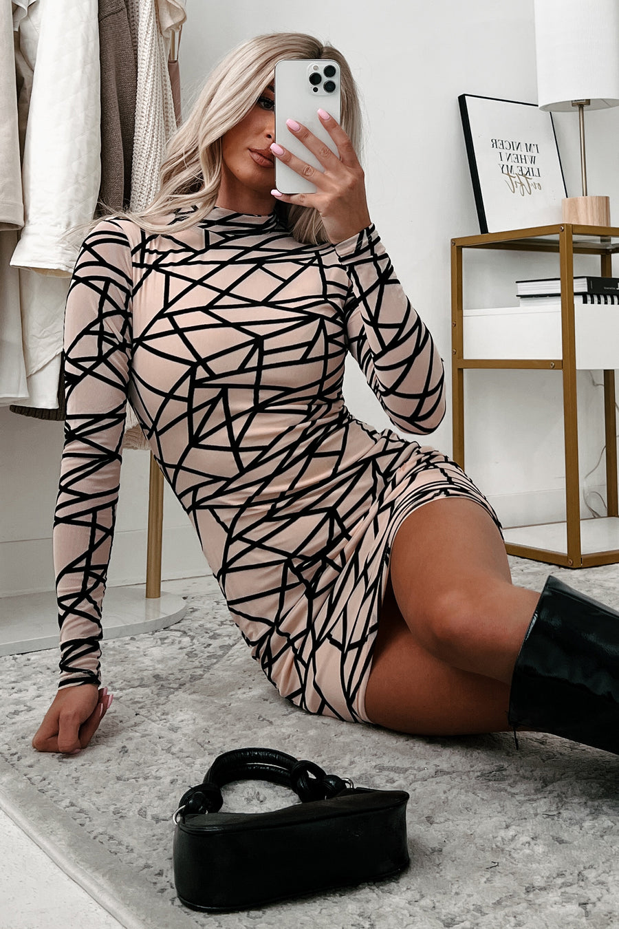 It's My World Geometric Mesh Bodycon Dress (Cream) - NanaMacs