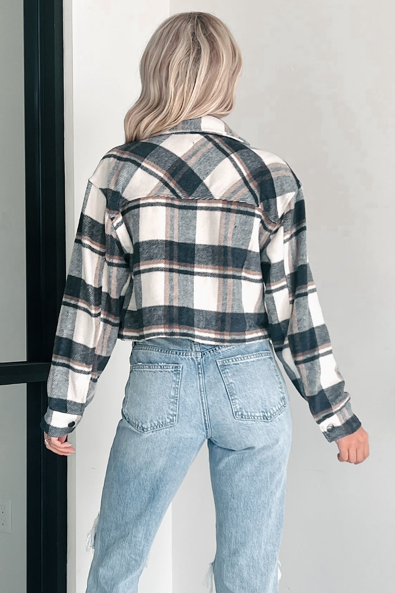 Take My Chances Plaid Crop Shacket (Charcoal) - Ships by 10/17