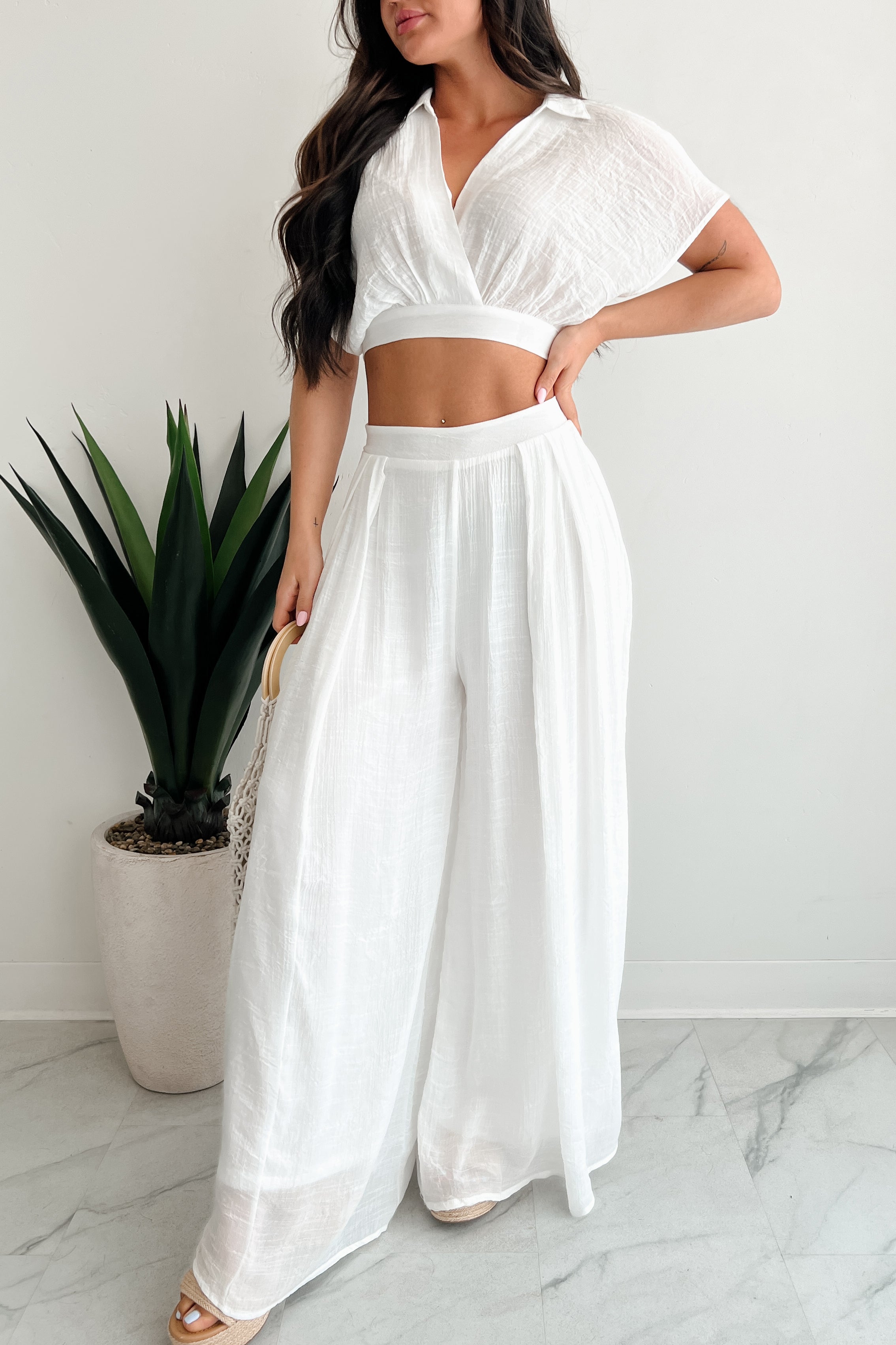 Dreamy Nights Crop Top & Wide Leg Pants Set (White) · NanaMacs