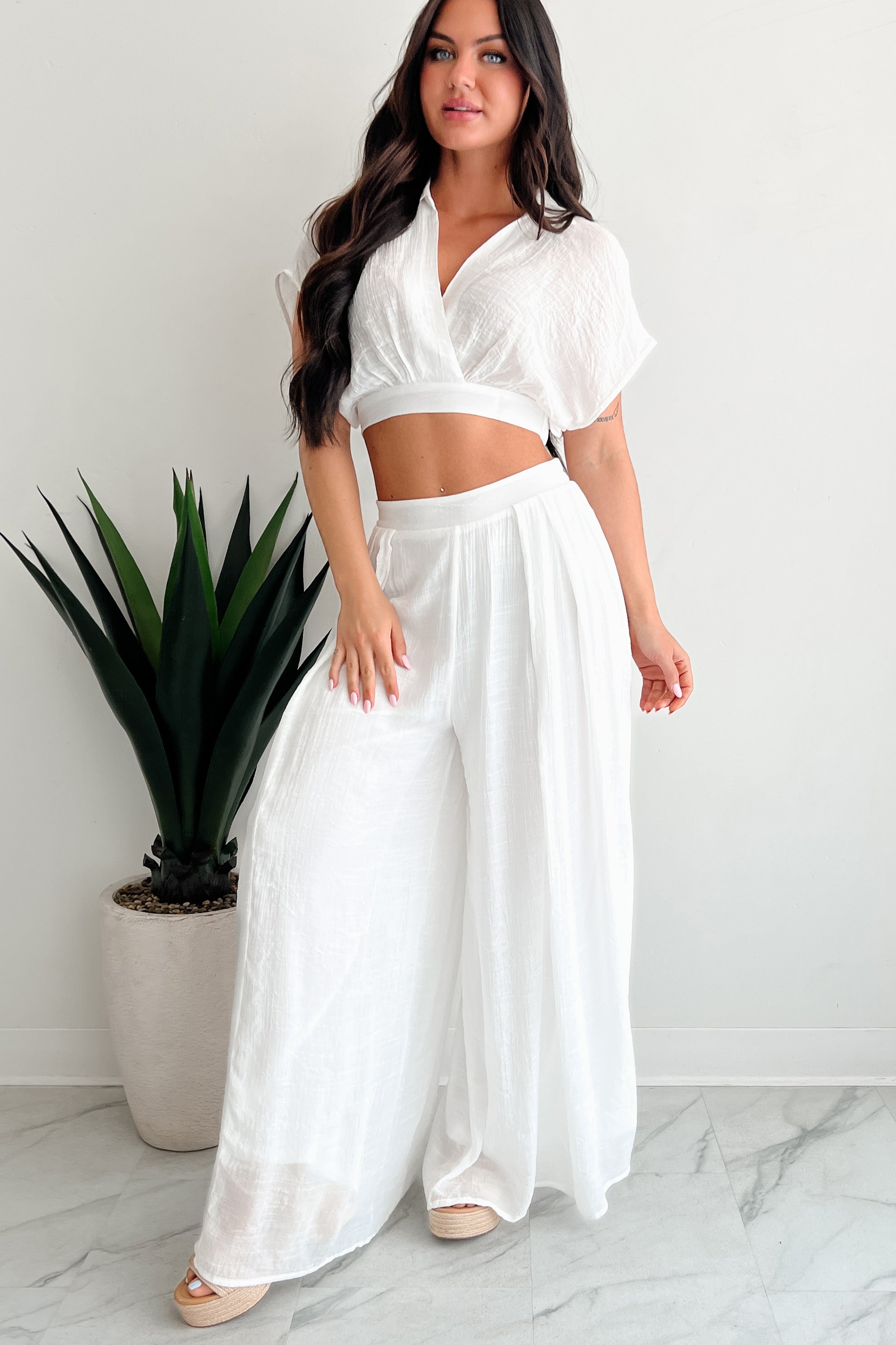 Dreamy Nights Crop Top & Wide Leg Pants Set (White) · NanaMacs