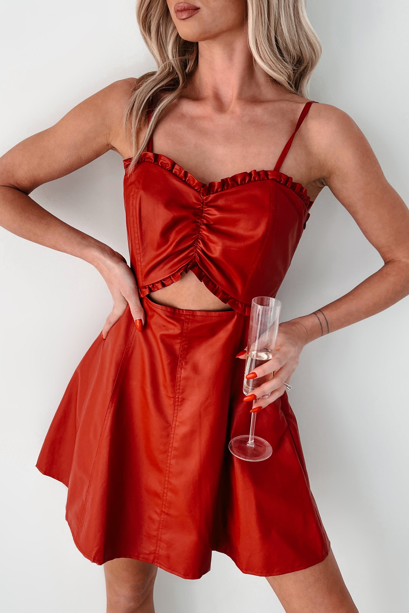 Simmering Looks Faux Leather Mini Dress (Red) NanaMacs Simmering Looks Faux Leather Mini Dress (Red) NanaMacs