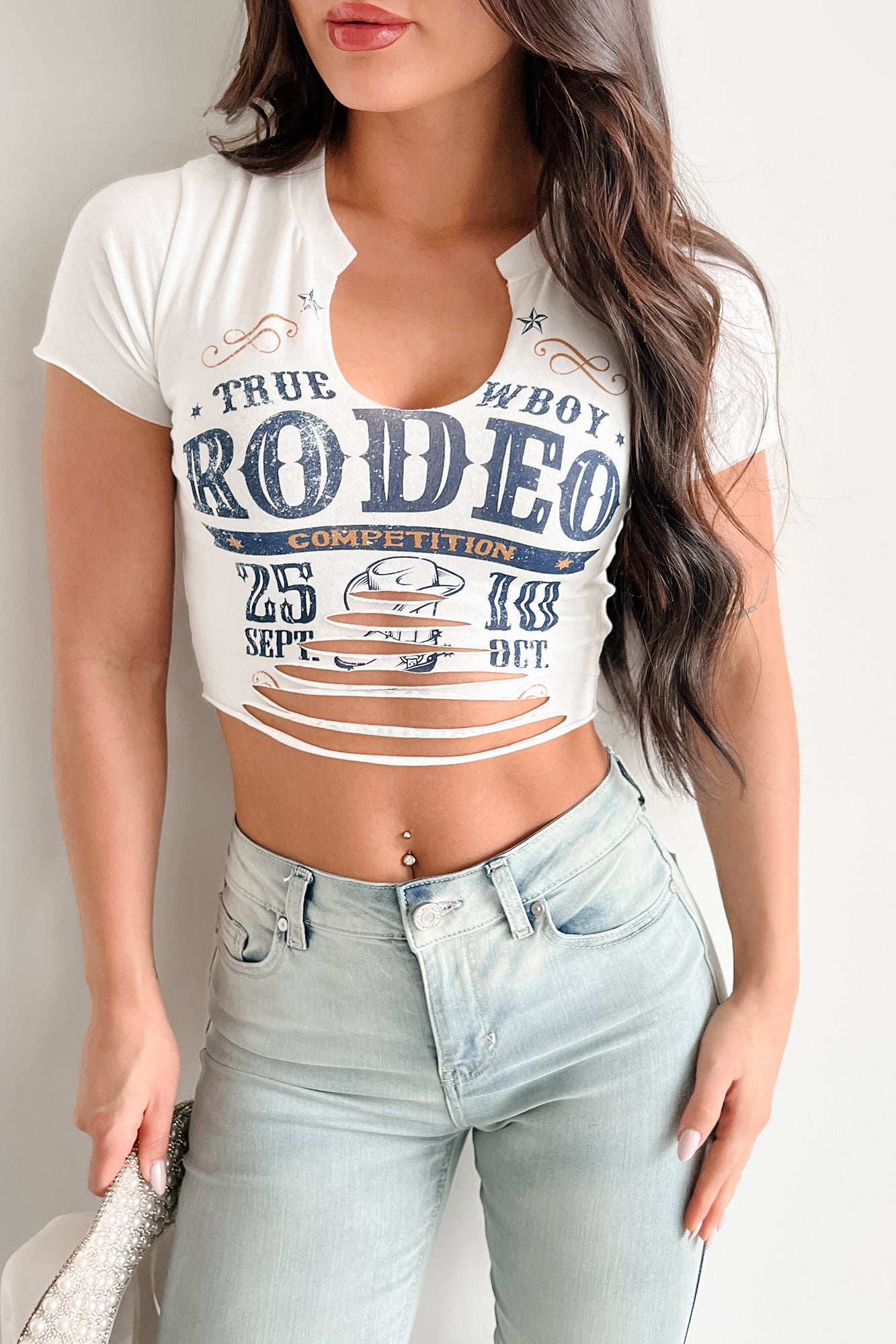 "True Cowboy" Distressed Graphic Crop Tee (Ivory)- Ships By 4/17 - NanaMacs