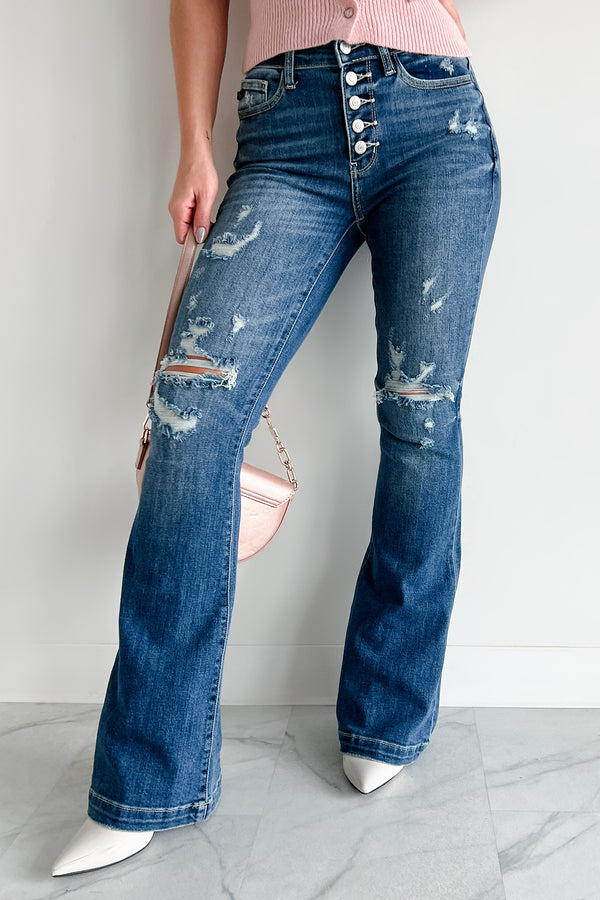 Gage Judy Blue Mid Rise Distressed Button Fly Flare Jeans (Dark) - NanaMacs