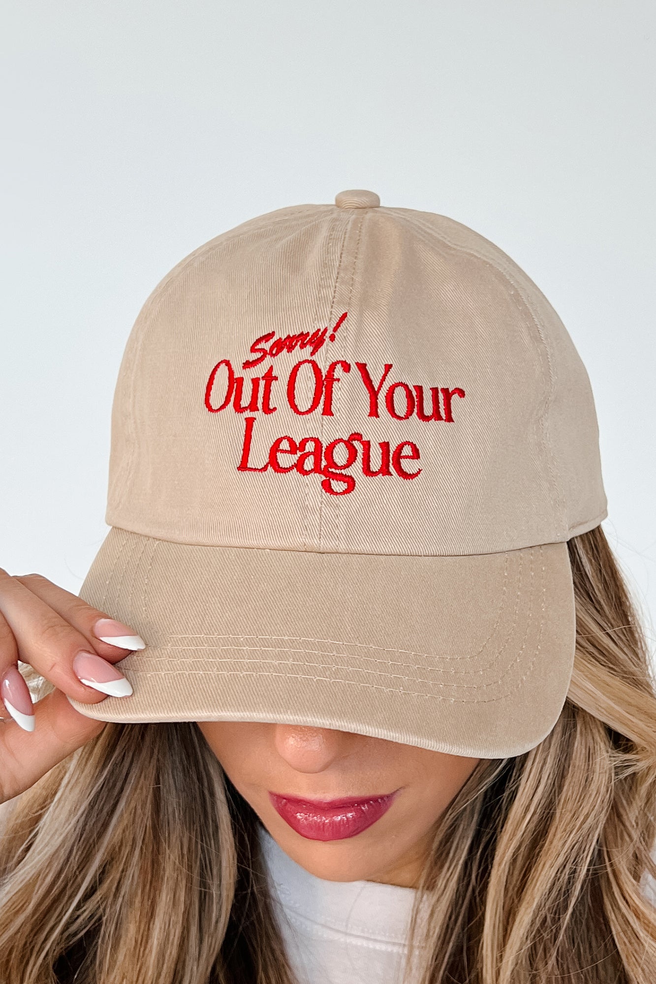 "Sorry! Out Of Your League" Embroidered Baseball Cap (Sand) - NanaMacs