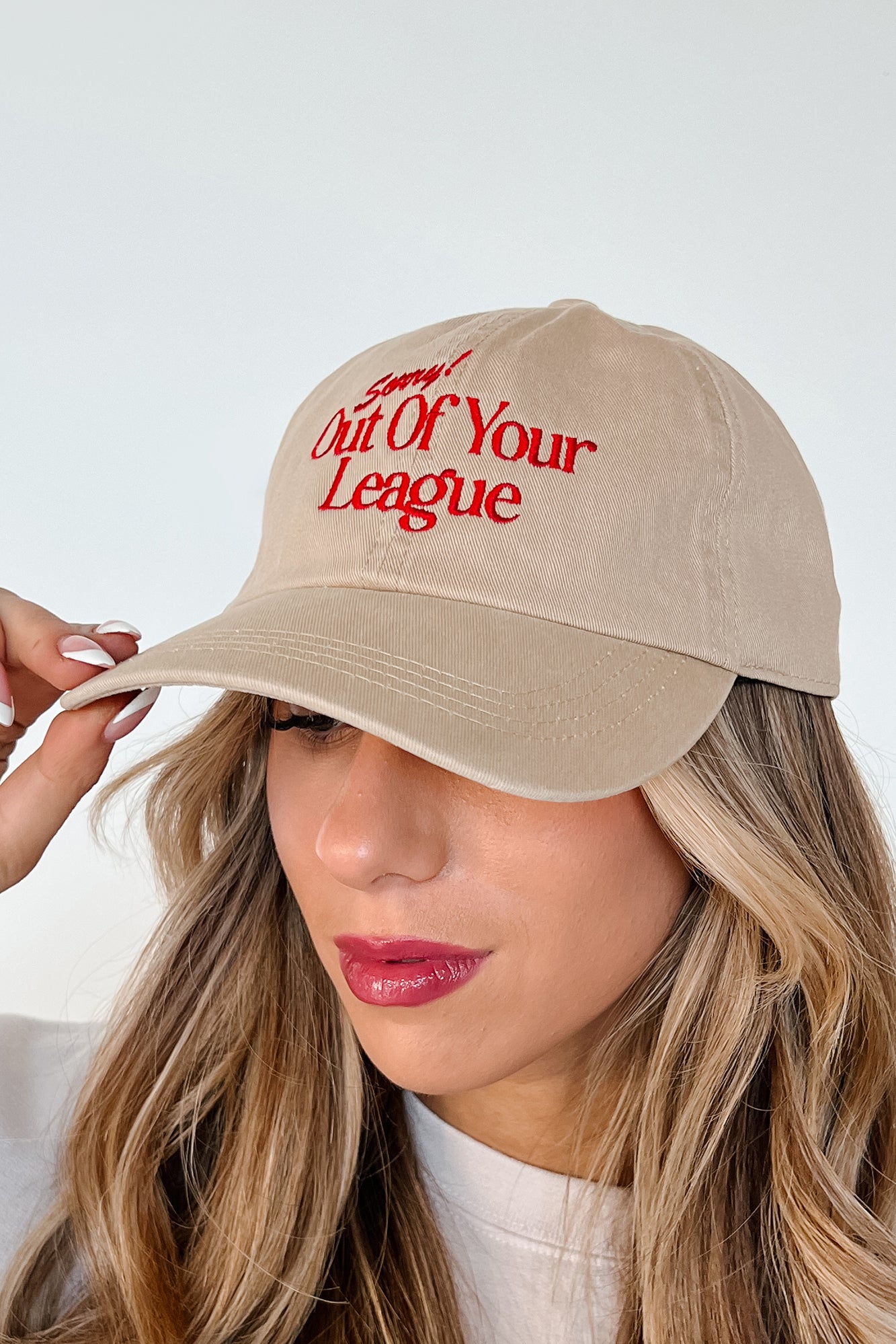 "Sorry! Out Of Your League" Embroidered Baseball Cap (Sand) - NanaMacs