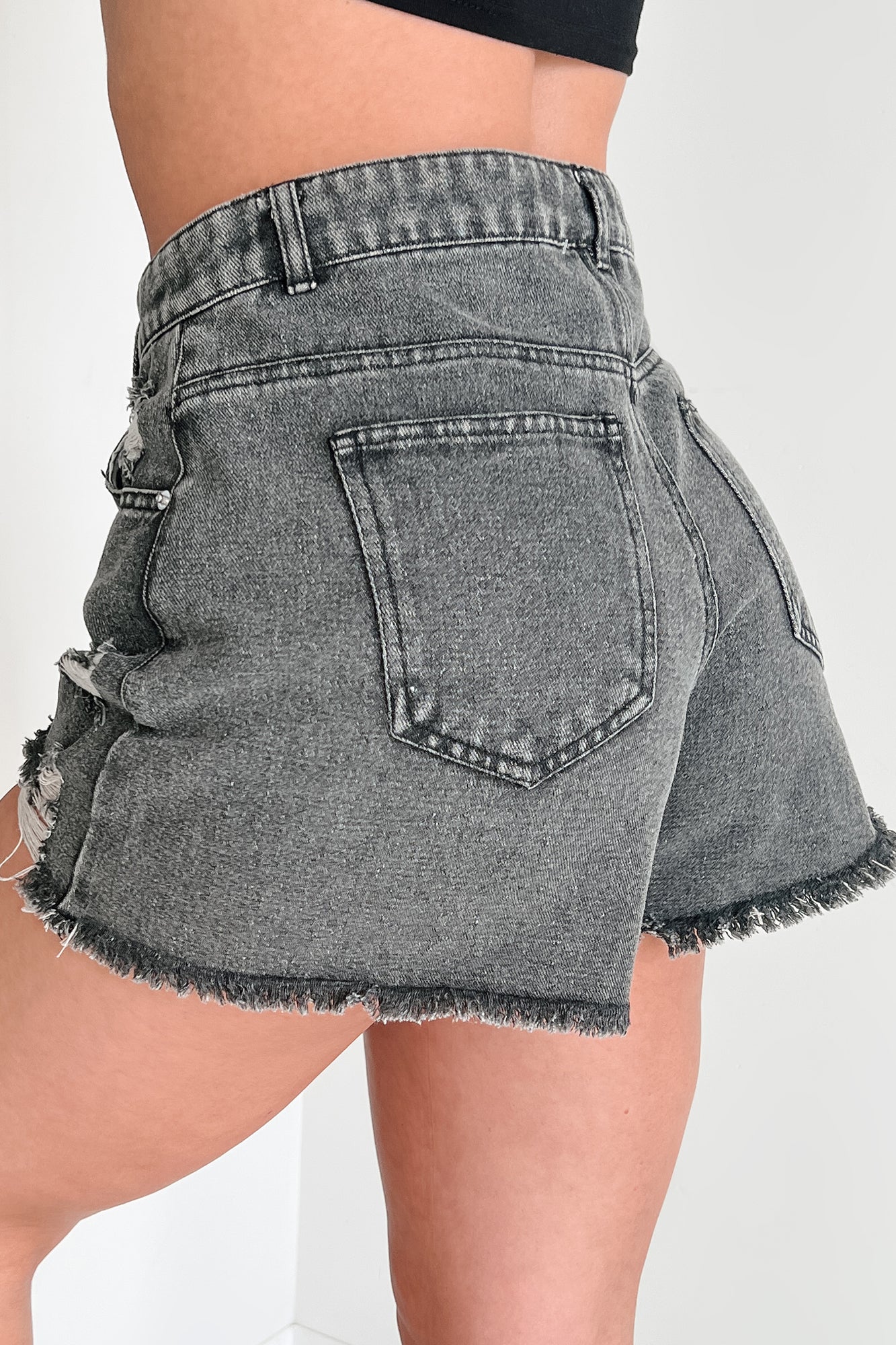 Avril High Rise Distressed Denim Shorts (Black) - NanaMacs