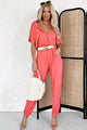 Taking The Easy Route Short Sleeve Button Detail Jumpsuit (Coral) - NanaMacs