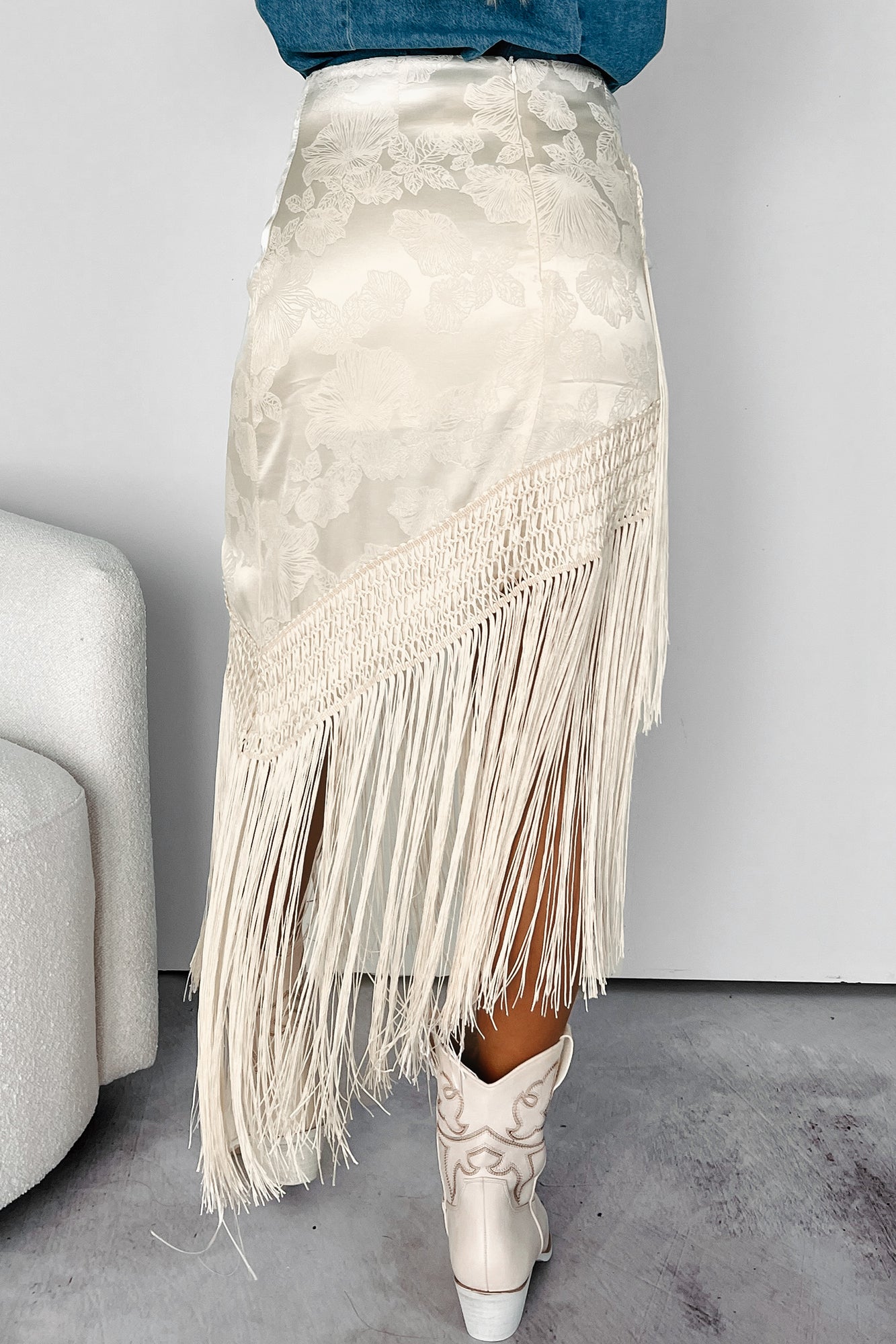 Inner Happiness Asymmetric Tassel Fringe Skirt (Cream) - NanaMacs