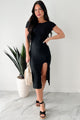 Reminders Of You Open Back Textured Midi Dress (Black) - NanaMacs