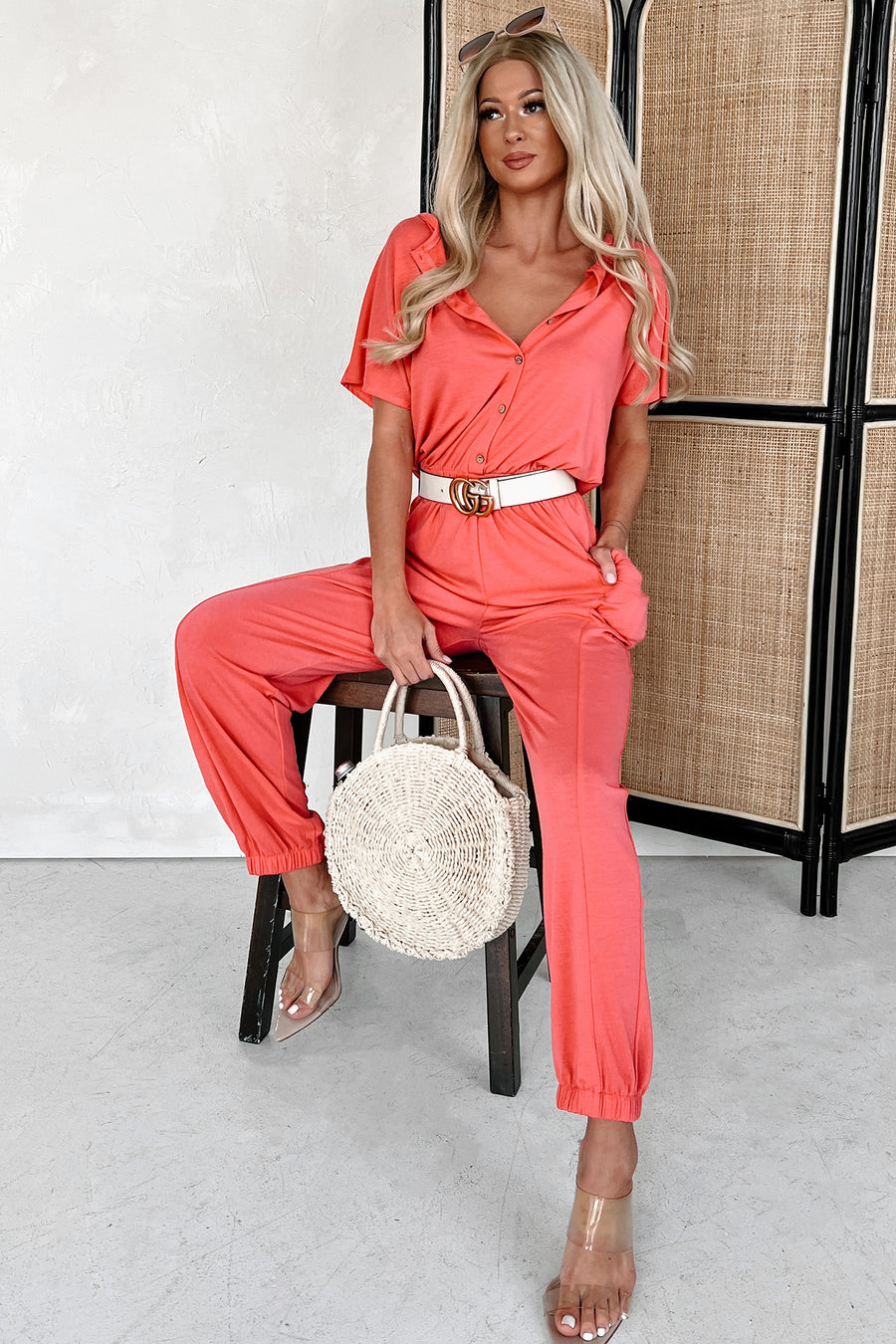 Taking The Easy Route Short Sleeve Button Detail Jumpsuit (Coral) - NanaMacs