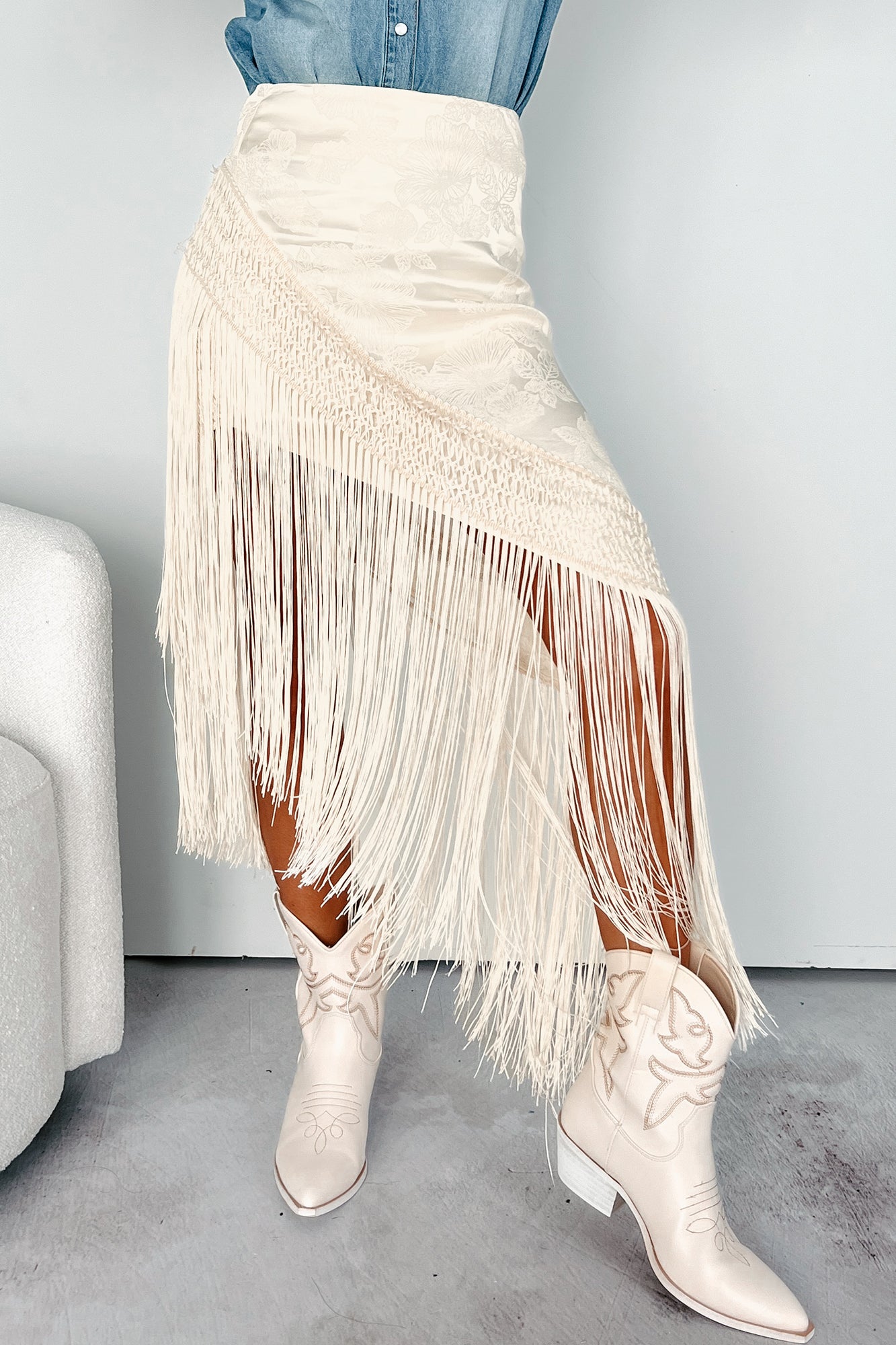 Inner Happiness Asymmetric Tassel Fringe Skirt (Cream) - NanaMacs