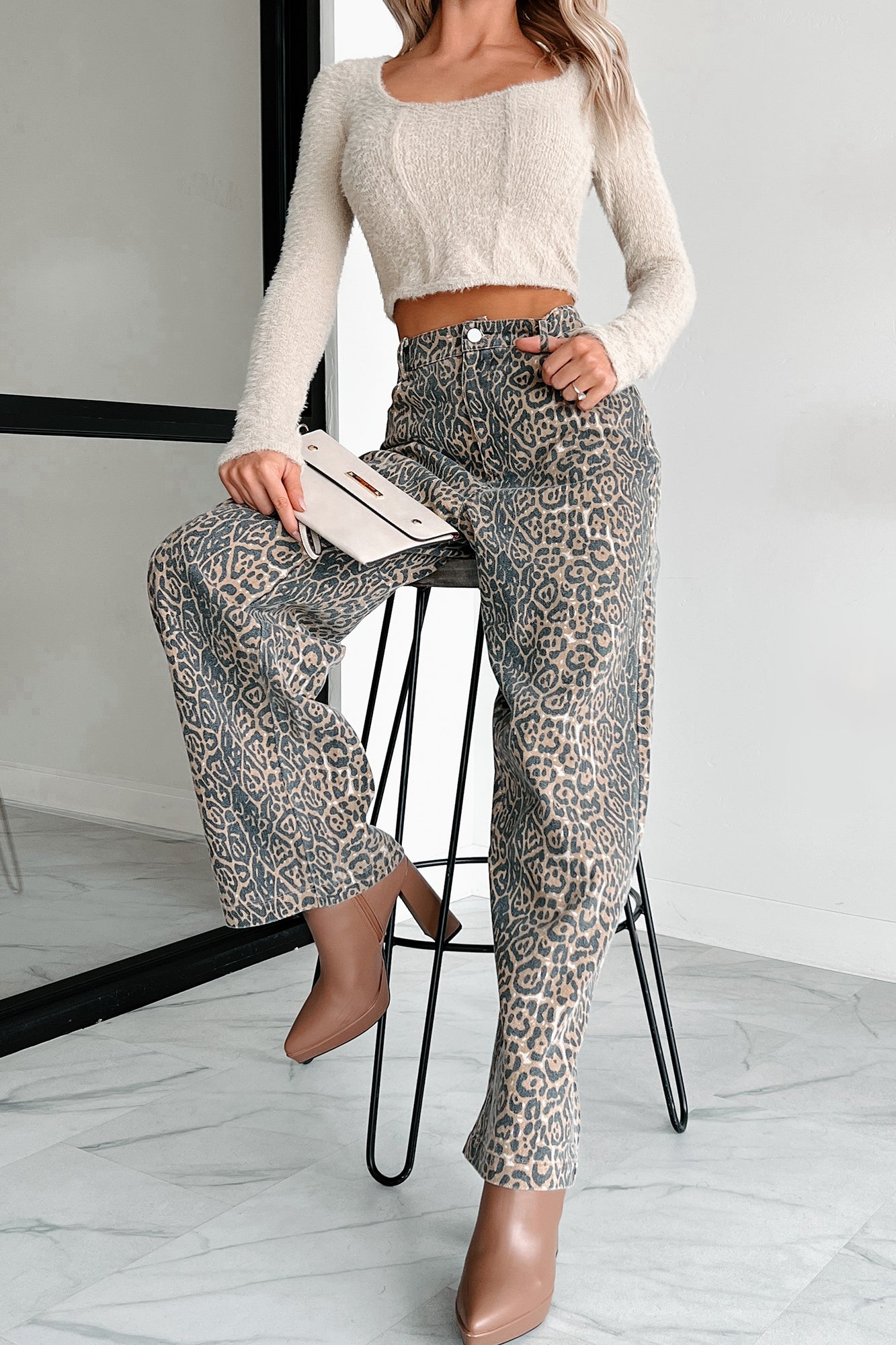 Jungle Roots High Waist Animal Print Jeans (Tan/Charcoal)