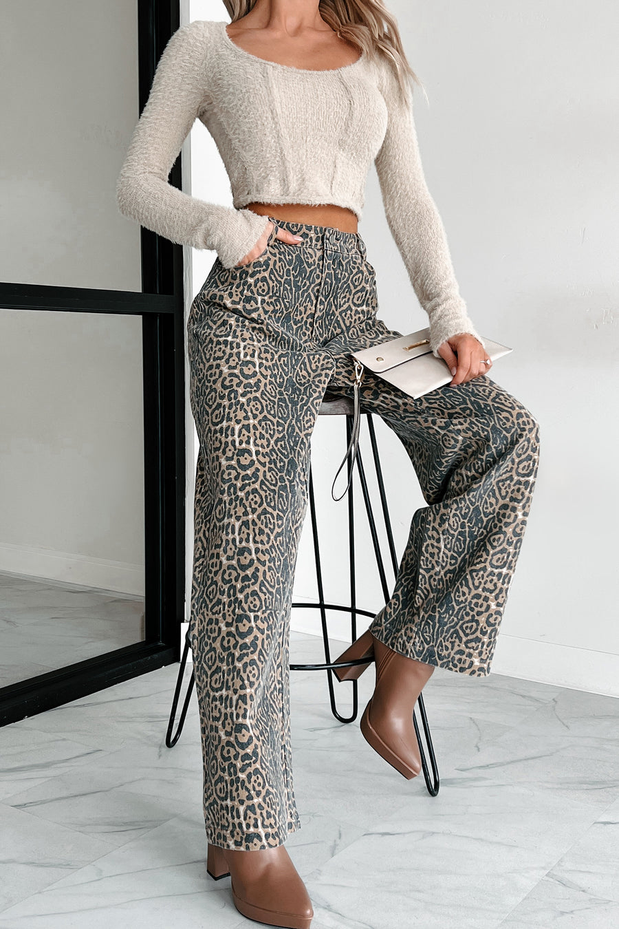 Jungle Roots High Waist Animal Print Jeans (Tan/Charcoal)