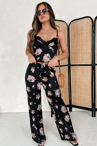 Positively Charming High Waisted Satin Floral Pants (Black) - NanaMacs