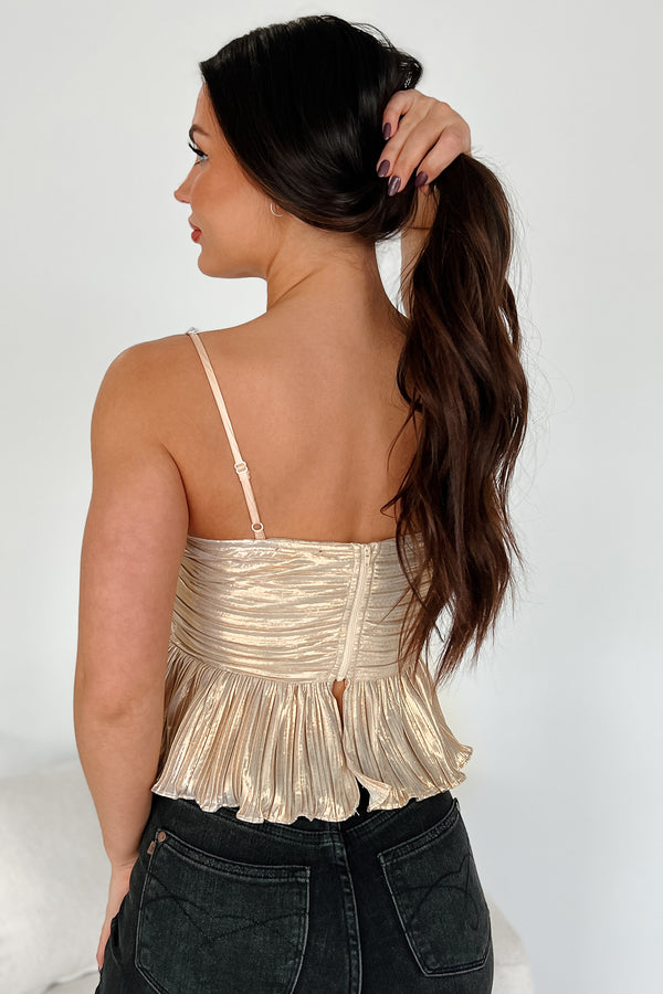 Obsessively Extra Pleated Metallic Tank Top (Champagne) - NanaMacs