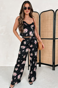 Positively Charming High Waisted Satin Floral Pants (Black) - NanaMacs