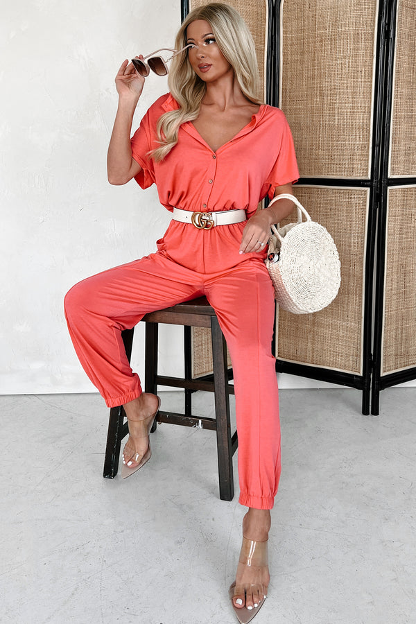 Taking The Easy Route Short Sleeve Button Detail Jumpsuit (Coral) - NanaMacs