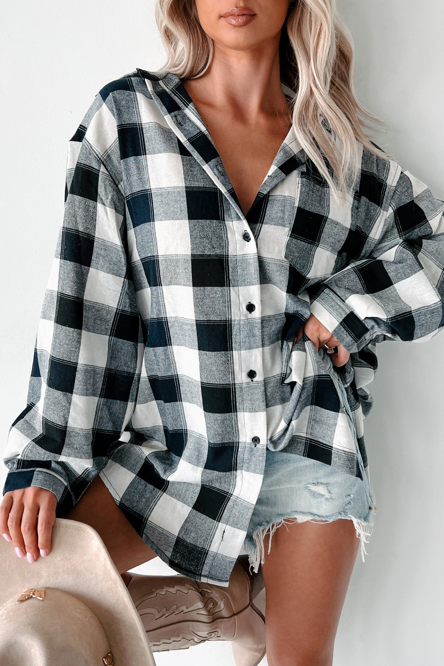 Just Being Myself Oversized Plaid Linen Shirt (Navy) - NanaMacs