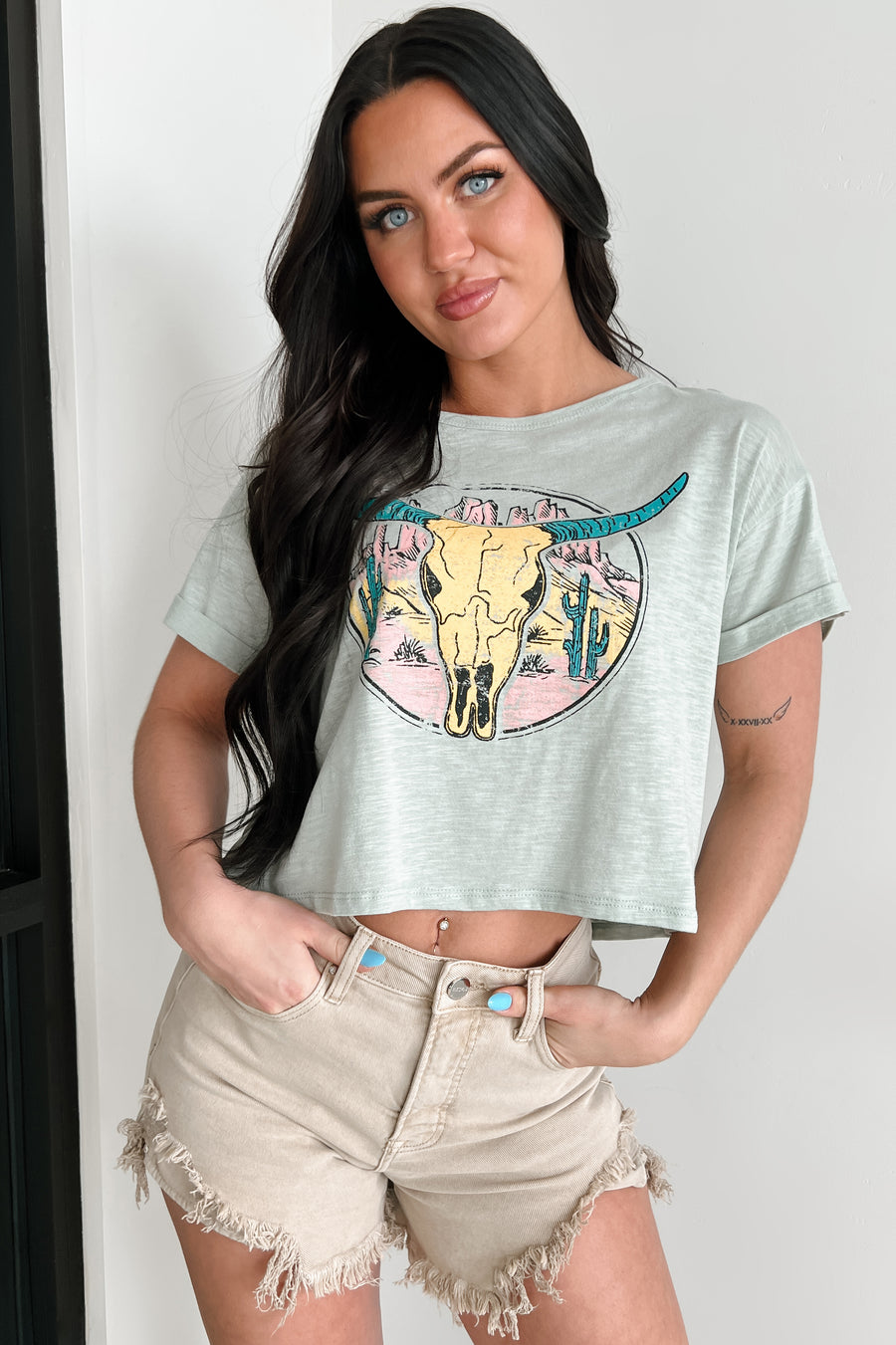 Back In The Saddle Boxy Bull Skull Graphic T-Shirt (Sage) - NanaMacs