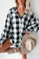 Just Being Myself Oversized Plaid Linen Shirt (Navy) - NanaMacs