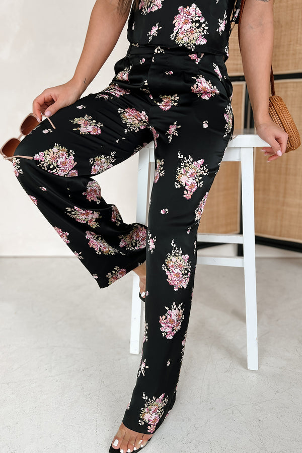 Positively Charming High Waisted Satin Floral Pants (Black) - NanaMacs