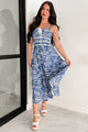 Deeply Devoted Smocked Printed Midi Dress (Denim Blue) - NanaMacs