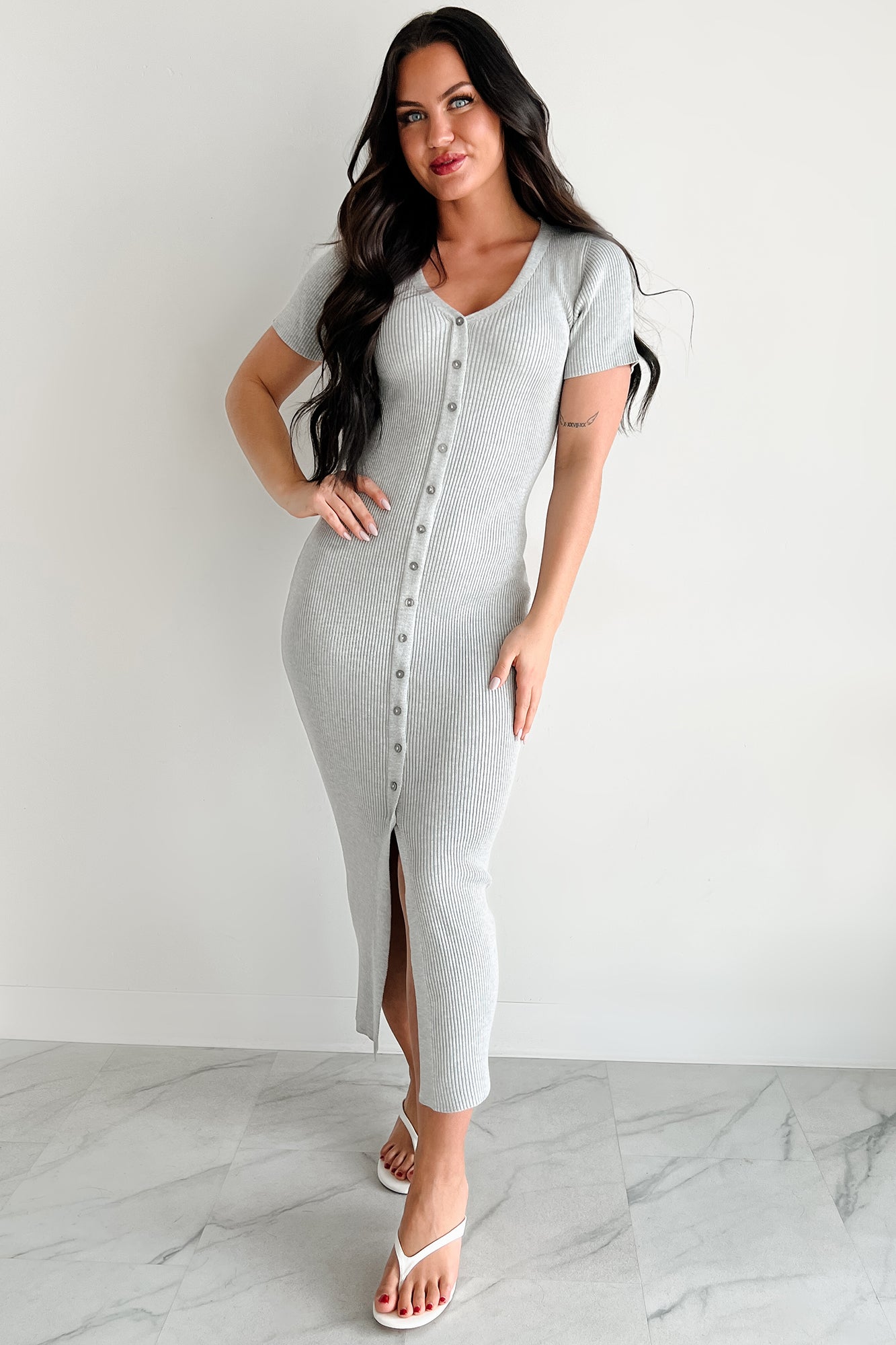 Make It Look Easy Button Front Maxi Dress (Grey) - NanaMacs