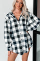 Just Being Myself Oversized Plaid Linen Shirt (Navy) - NanaMacs