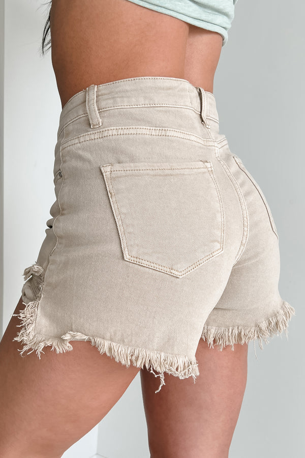 Fresh Take High Rise Distressed Risen Denim Shorts (Sand)