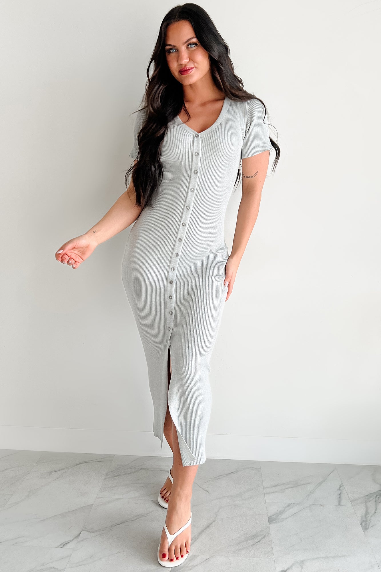 Make It Look Easy Button Front Maxi Dress (Grey) - NanaMacs