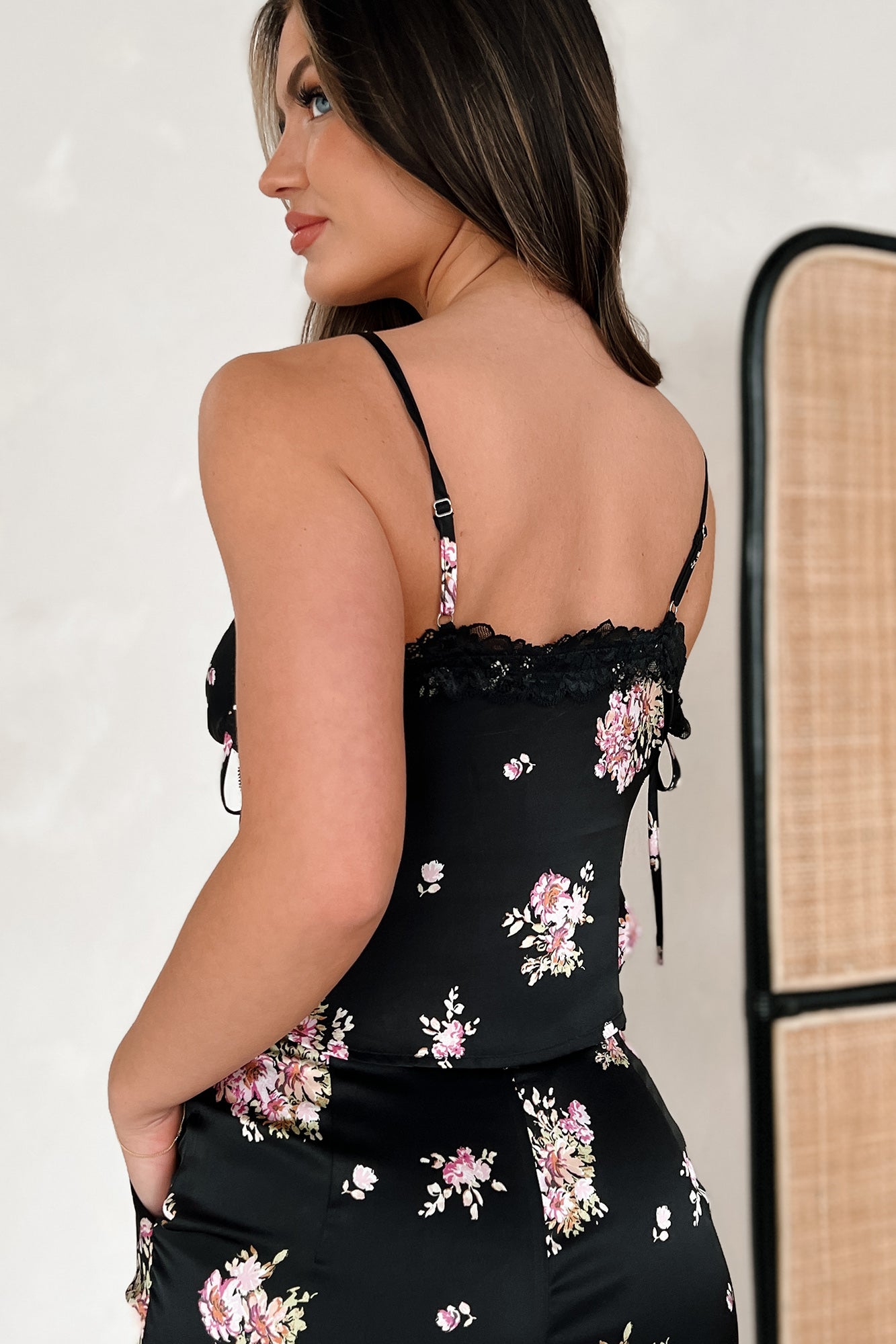 Keeping The Romance Alive Satin Floral Cami Top (Black) - NanaMacs