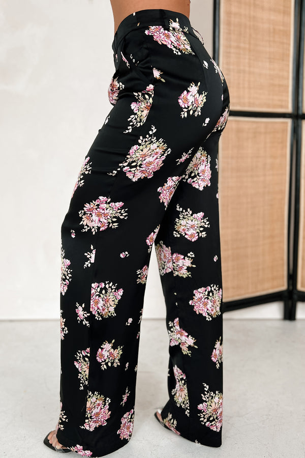 Positively Charming High Waisted Satin Floral Pants (Black) - NanaMacs