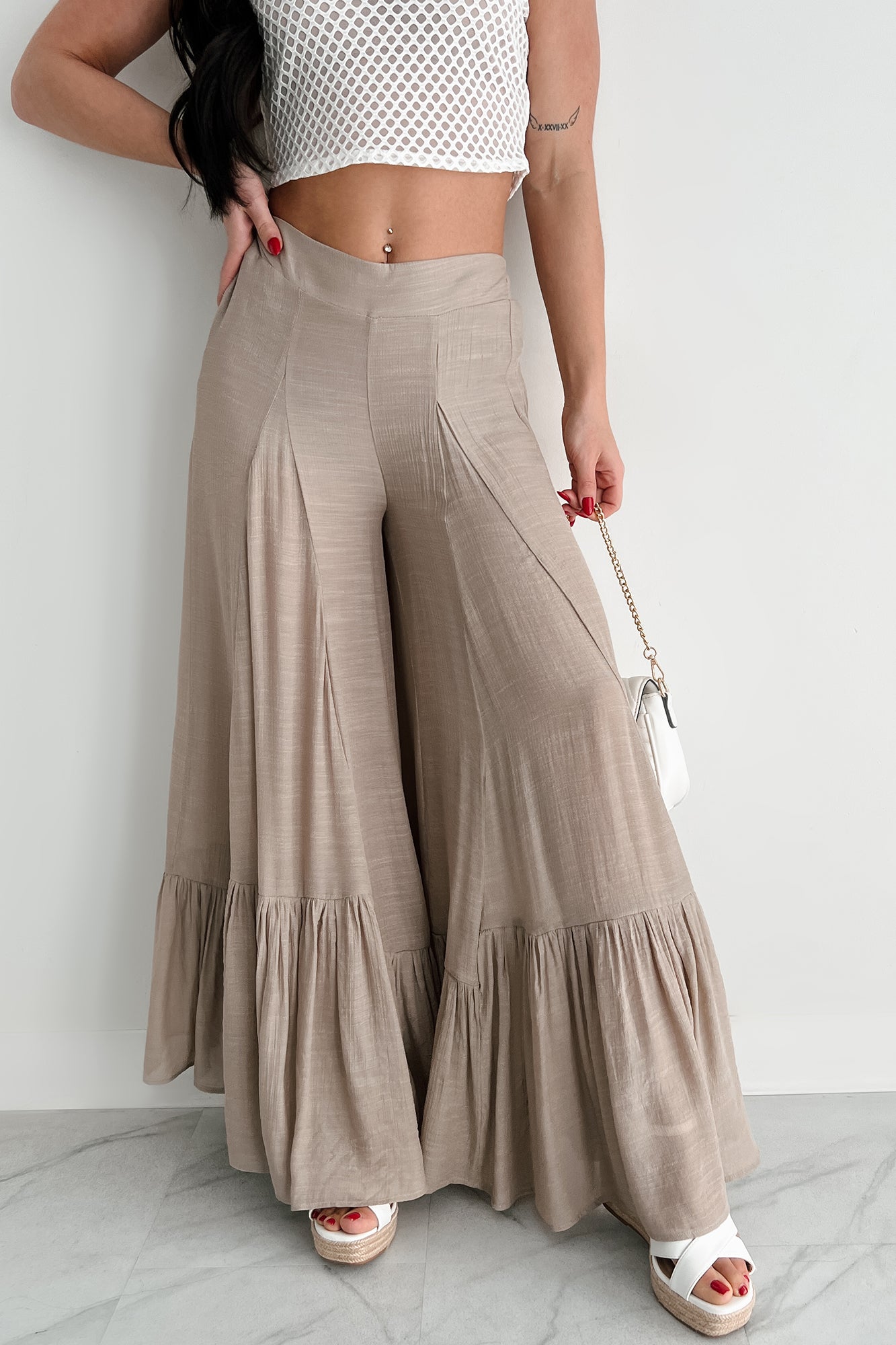 Flower Crown Vibes Sheer Ruffle Wide Leg Pants (Taupe) - NanaMacs