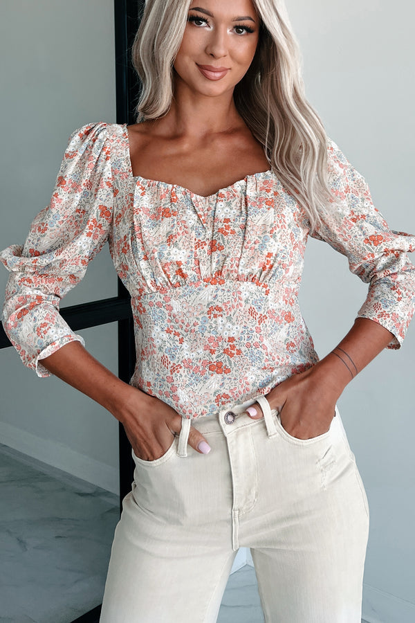 Floral Finale Printed 3/4 Sleeve Top (Cream Multi) - NanaMacs