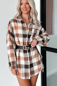 Just Being Myself Oversized Plaid Linen Shirt (Brown) - NanaMacs