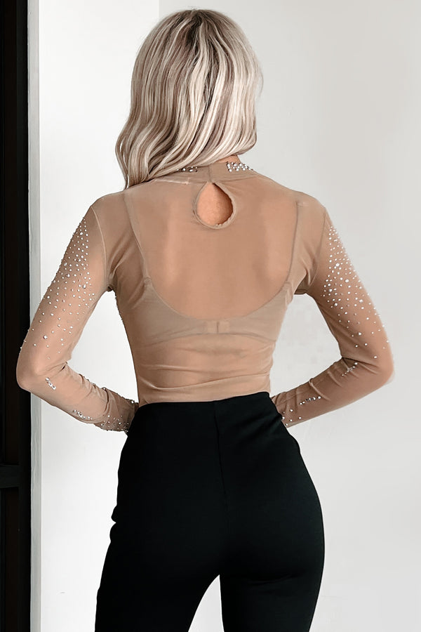 Straight To Stardom Rhinestone Mesh Bodysuit (Light Coffee) - NanaMacs