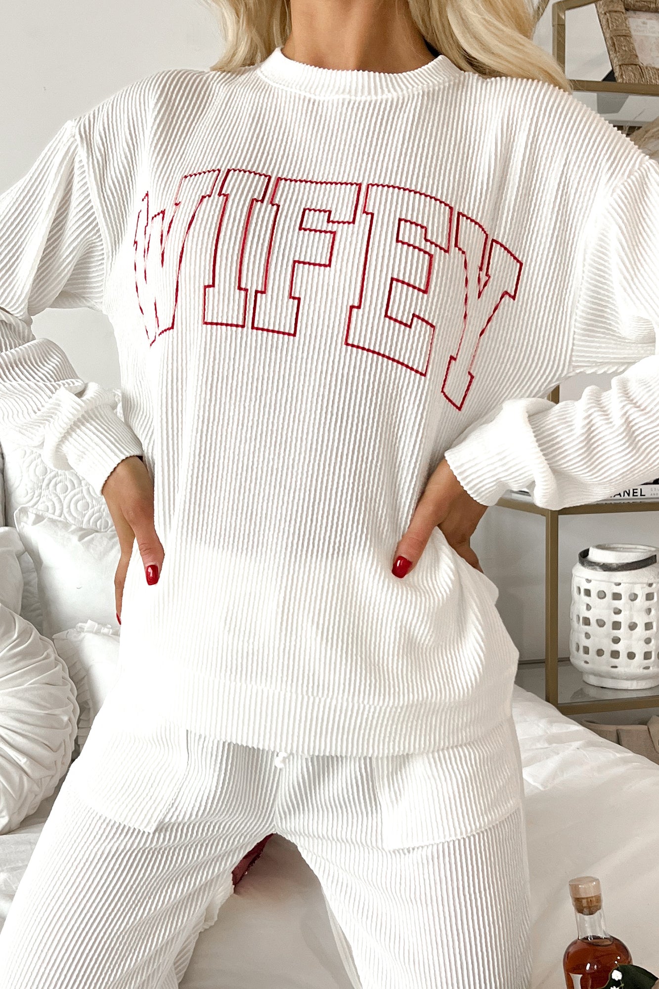 Wifey Material Ribbed Graphic Lounge Set (Ivory) - NanaMacs