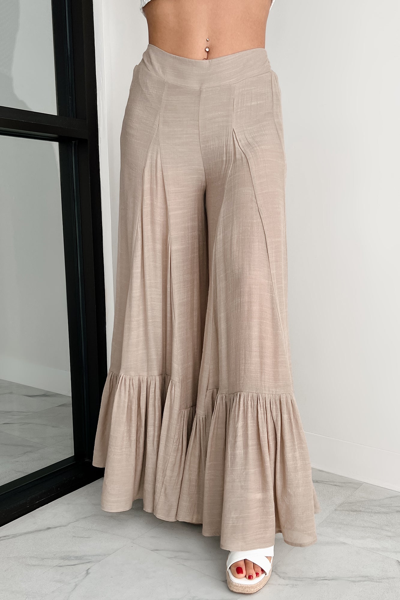 Flower Crown Vibes Sheer Ruffle Wide Leg Pants (Taupe) - NanaMacs