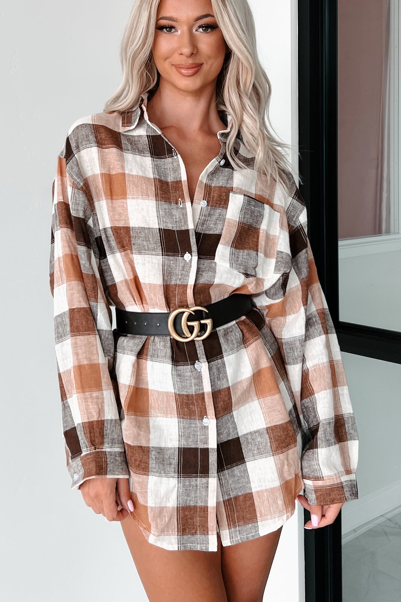 Just Being Myself Oversized Plaid Linen Shirt (Brown) - NanaMacs