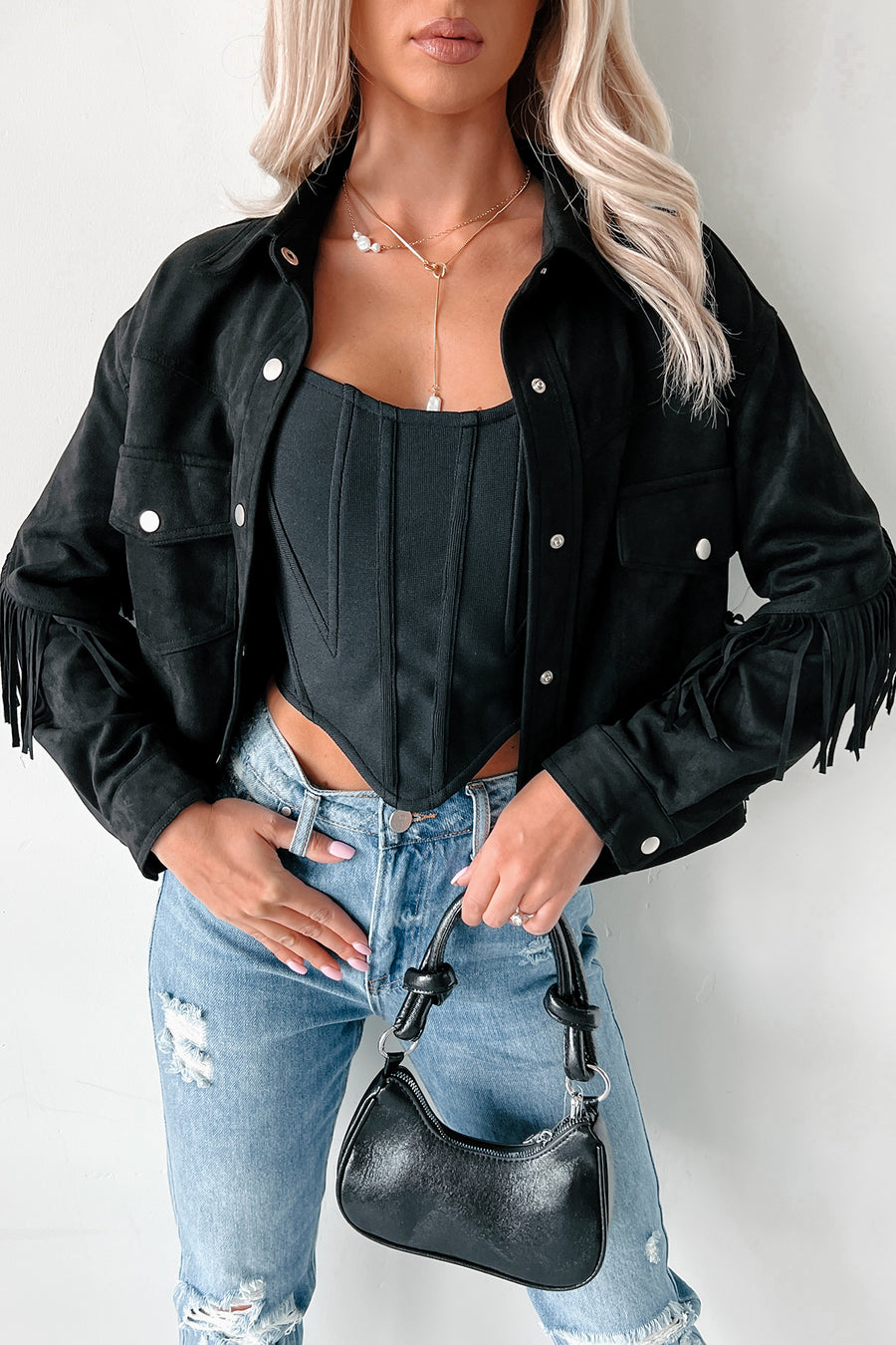 Chasing Cowboys Faux Suede Fringe Shacket (Ash Black) - NanaMacs