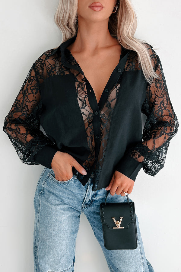 Slaying In Style Lace Blouse With Solid Contrast (Black) - NanaMacs