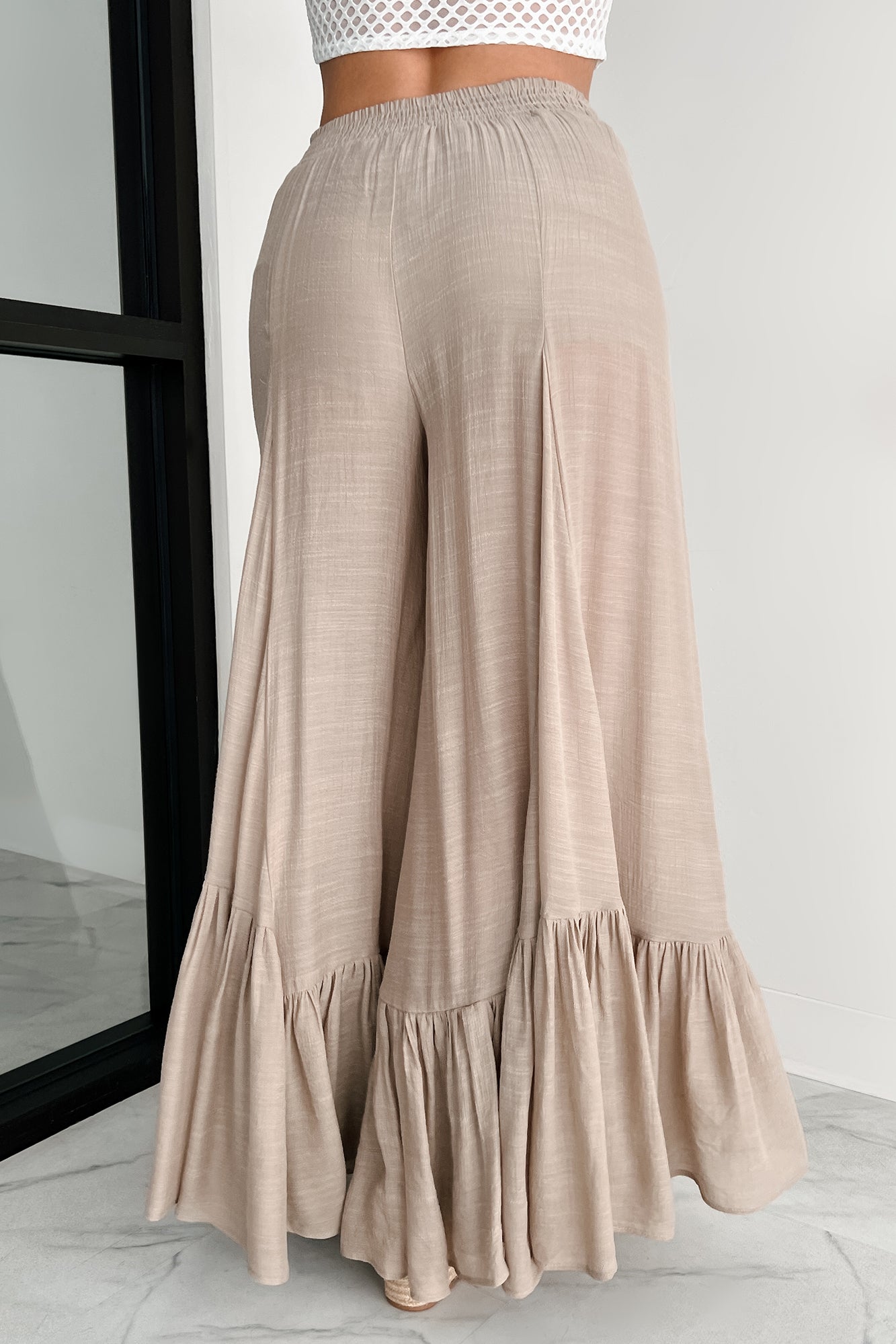 Flower Crown Vibes Sheer Ruffle Wide Leg Pants (Taupe) - NanaMacs